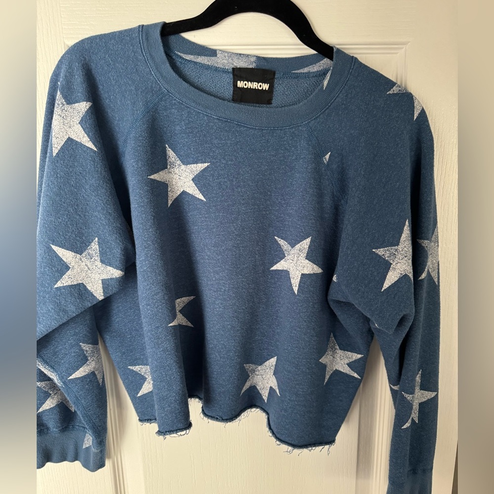 Monrow Blue Star Raglan Cropped Pullover Sweatshirt size small